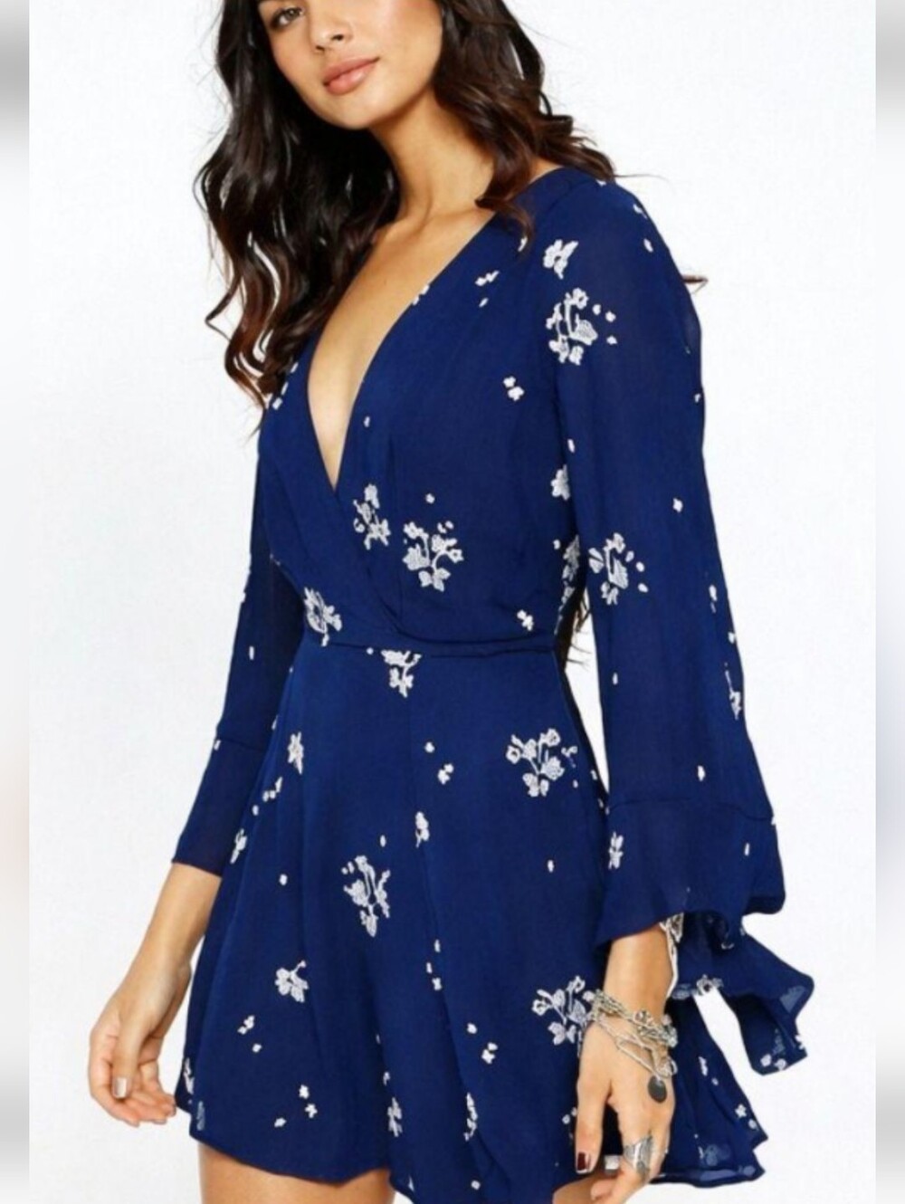 Free People Navy Blue Floral Mini Faux Wrap Dress Size 10